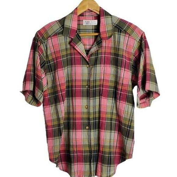 Vintage Karen Scott Blouse Womens Size Large Pink Plaid Button Up Cottage Preppy - Picture 1 of 8